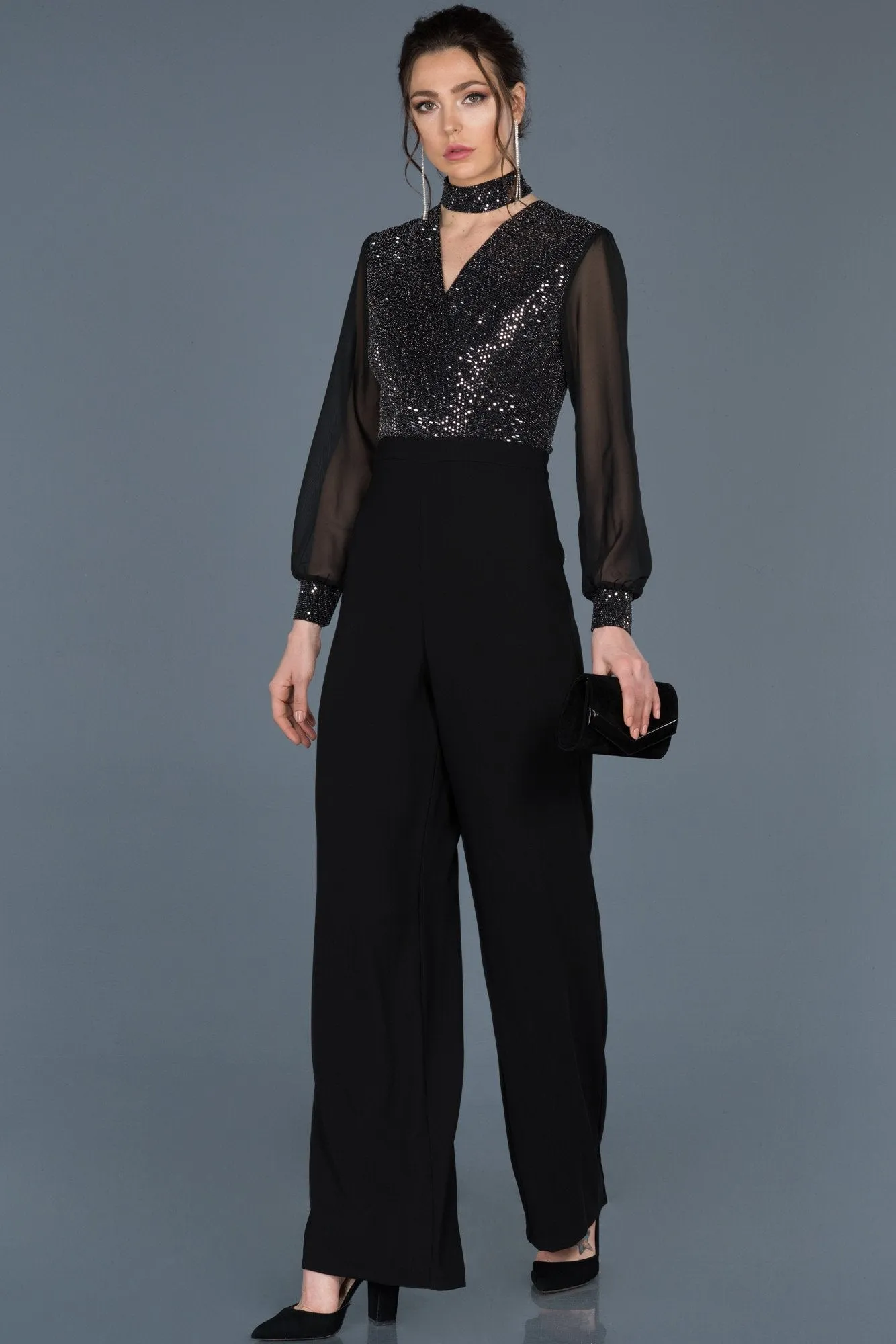 10139 Black Sequined High Waist Jumpsuit