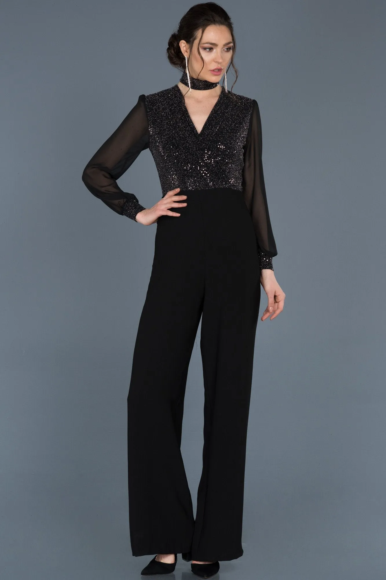 10140 Black Sequined Chiffon Sleeve Jumpsuit