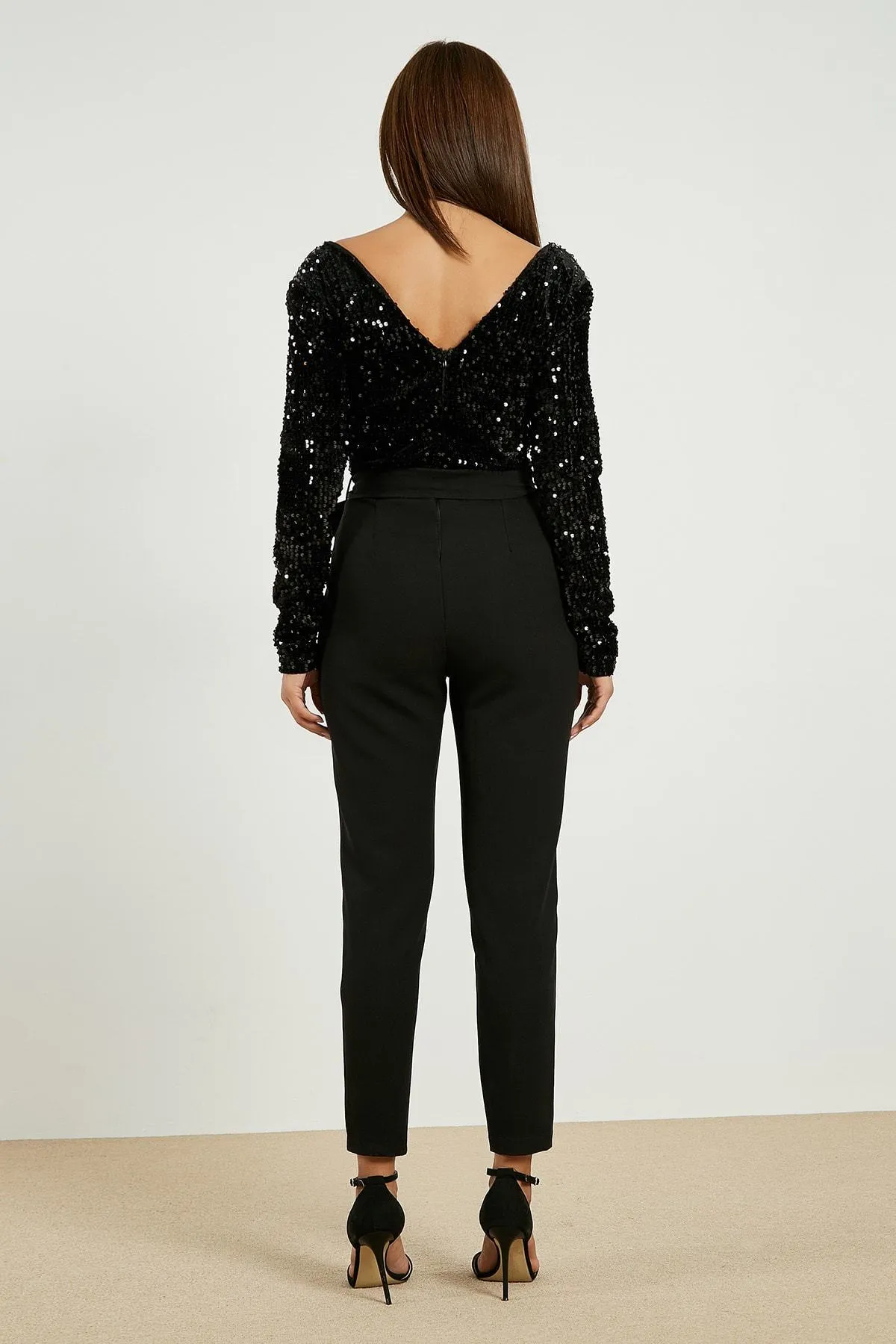 13728 Black Long Sleeve Sequined Jumpsuit