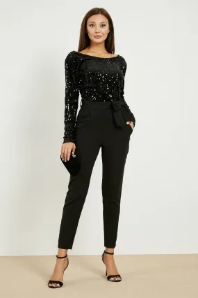 13728 Black Long Sleeve Sequined Jumpsuit