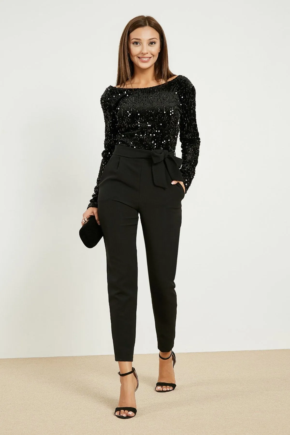 13728 Black Long Sleeve Sequined Jumpsuit