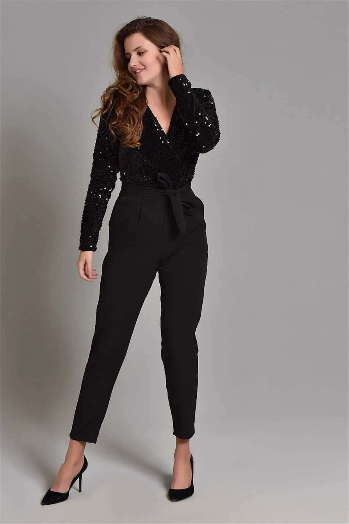 16169 Black Sequined Top Jumpsuit