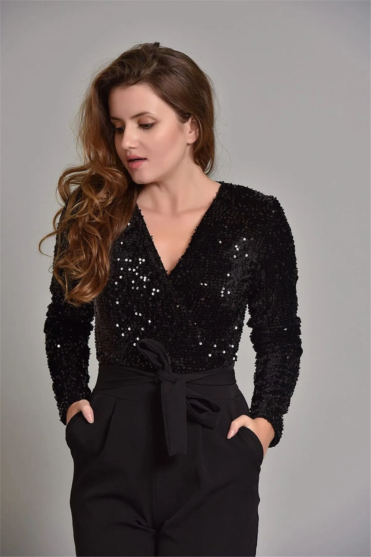 16169 Black Sequined Top Jumpsuit