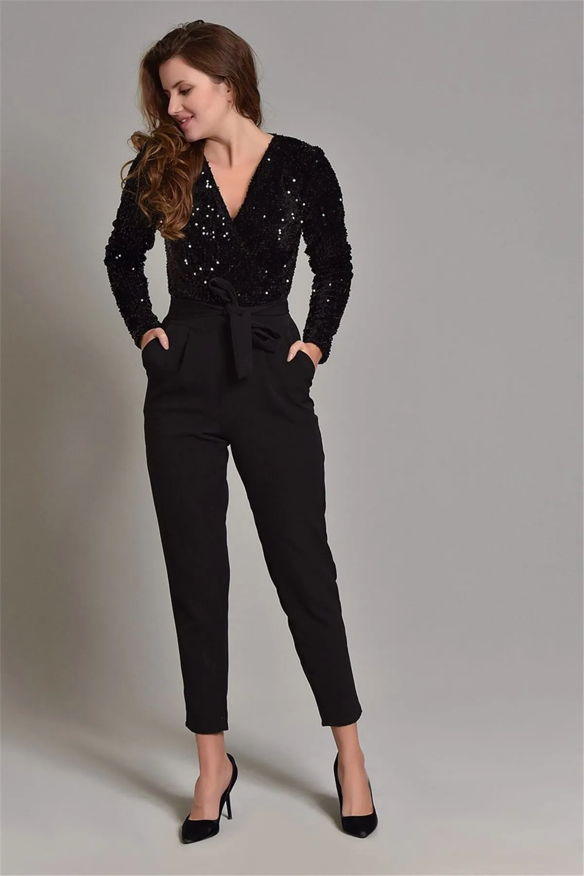 16169 Black Sequined Top Jumpsuit