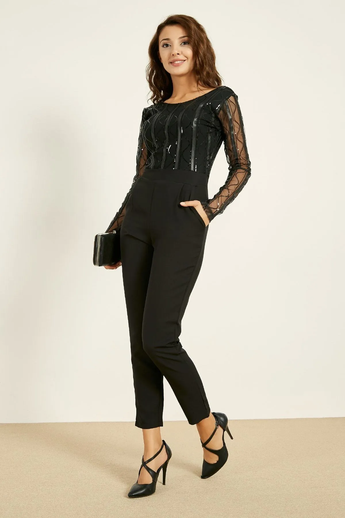 16218 Black Sequined Tulle Leather Striped Jumpsuit