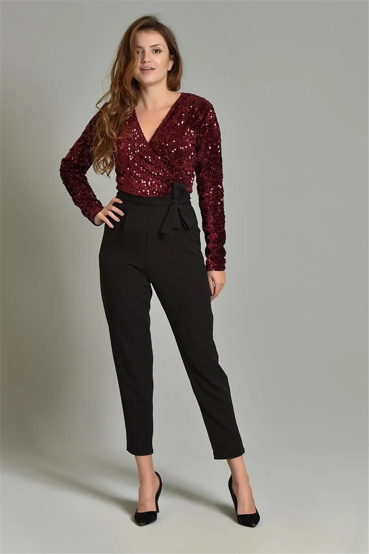 16248 Black-Burgundy Sequined Top Jumpsuit