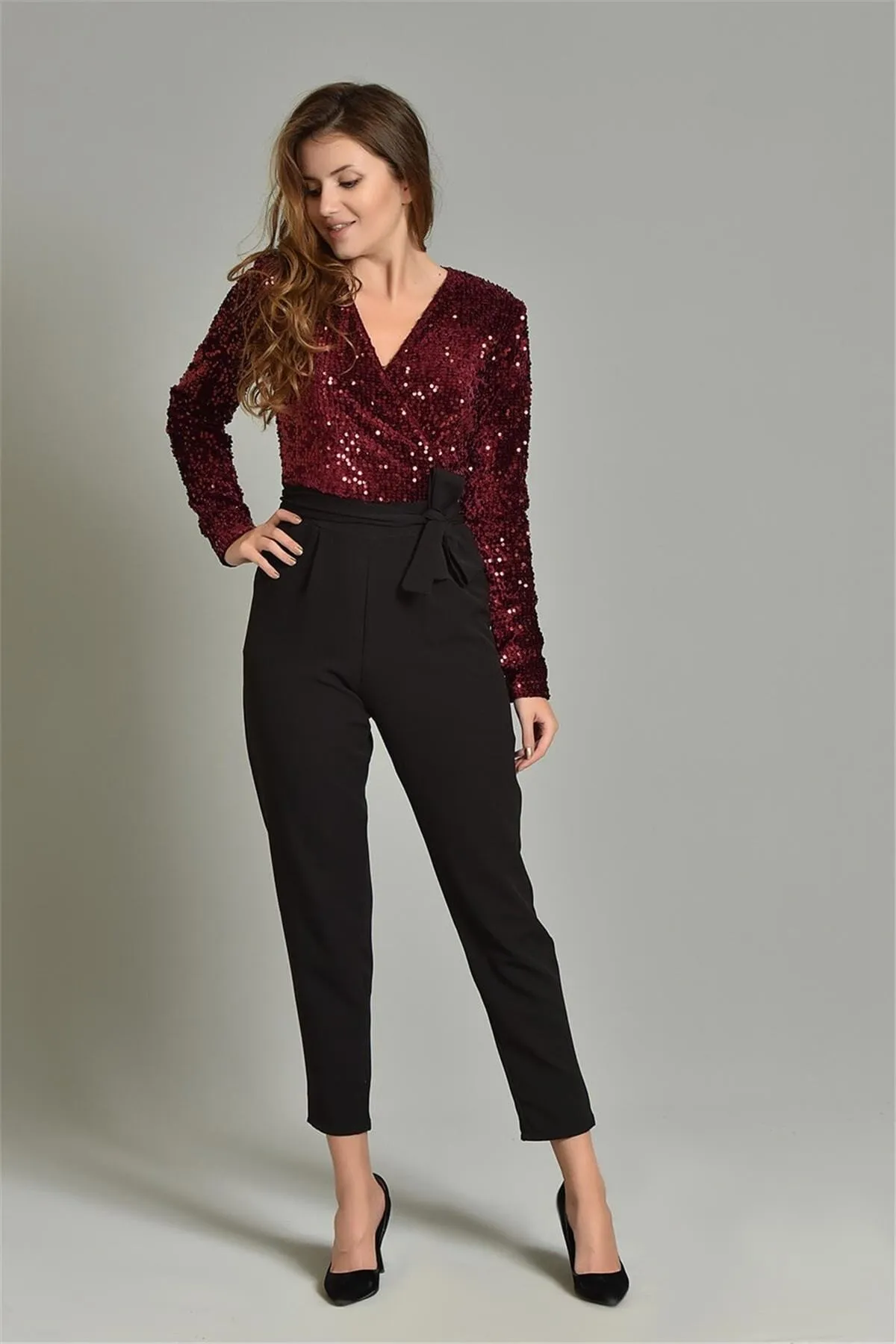 16248 Black-Burgundy Sequined Top Jumpsuit