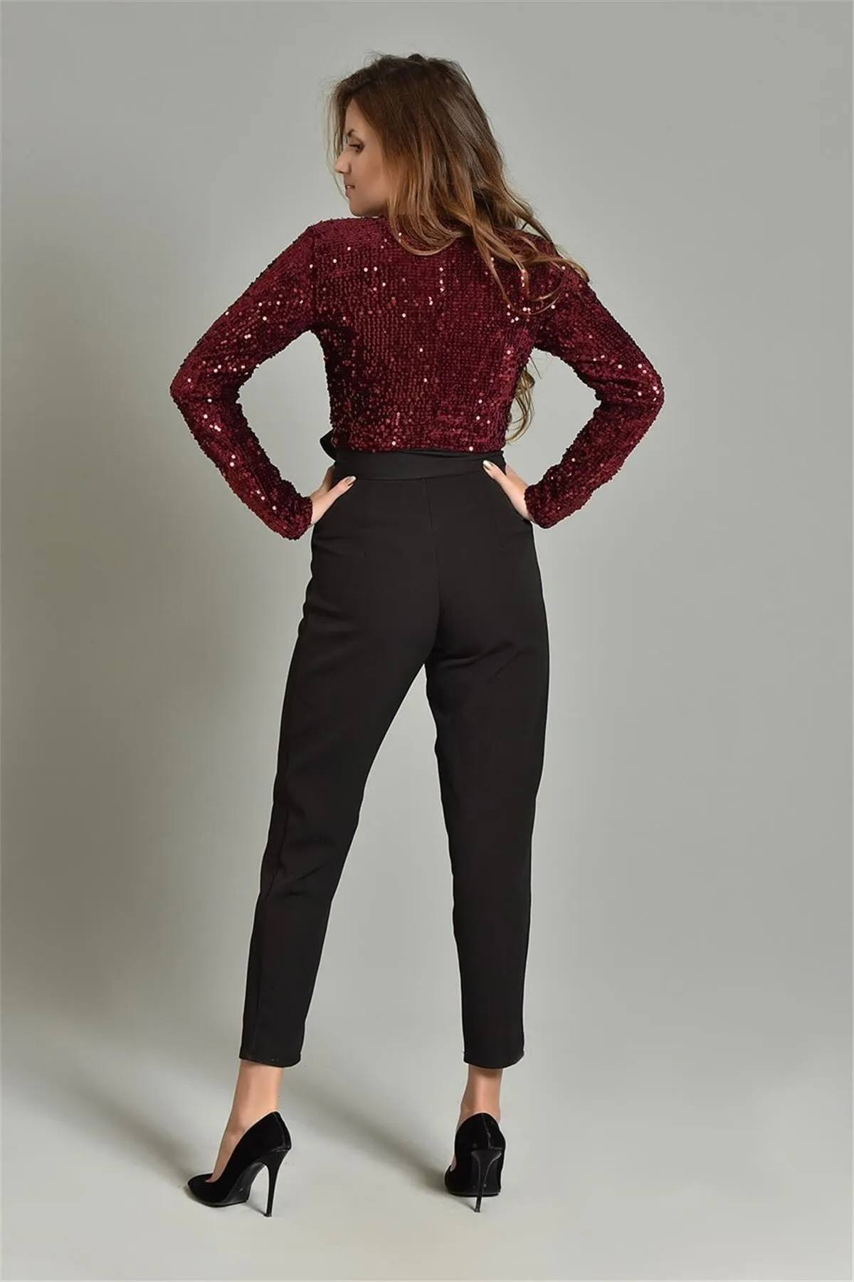 16248 Black-Burgundy Sequined Top Jumpsuit