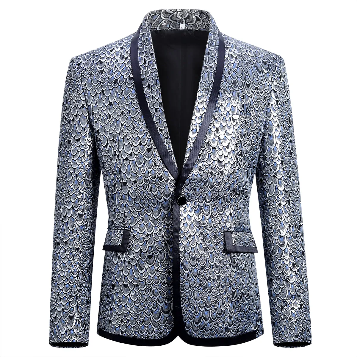 2-Piece Slim Fit Fish Scales Silver Sequin Suit