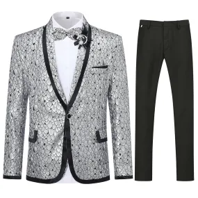 2-Piece Slim Fit Silver Sequin Fish Scales Suit