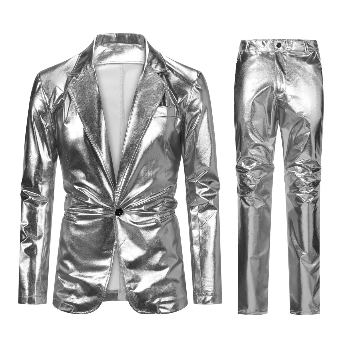 2-Piece Solid Color Stand Collar One-Button Glitter Suit Silver