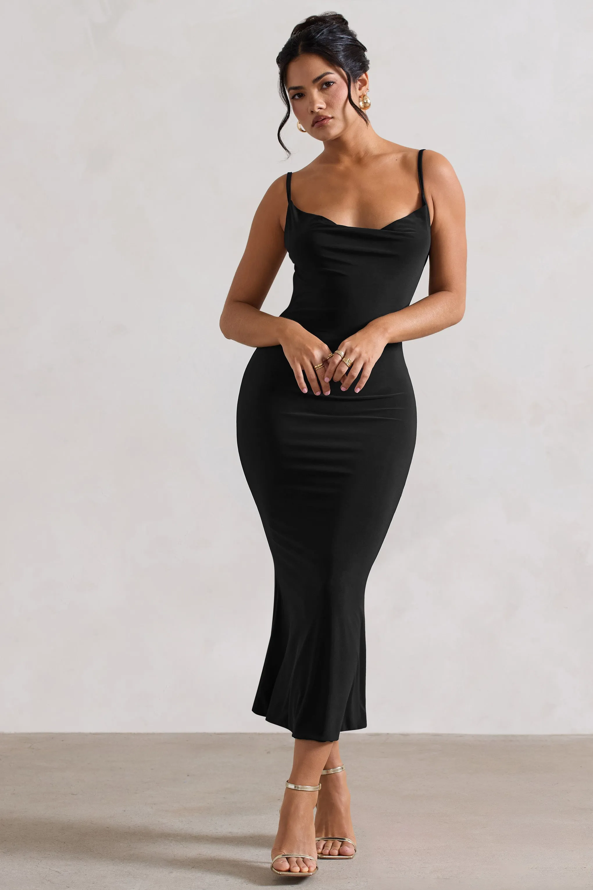 Addison | Black Cowl-Neck Open-Back Midi Dress With Lace