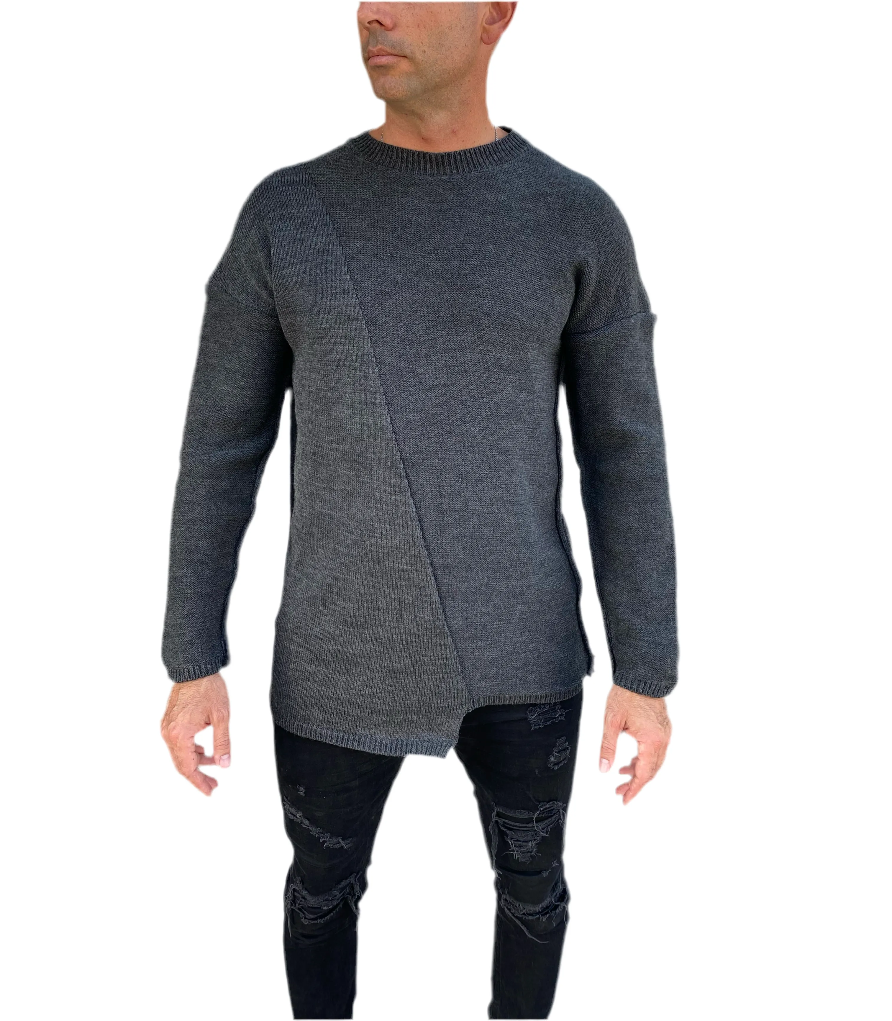 [Adrian] Charcoal Grey Knitted Crew Neck Light Weight Sweater