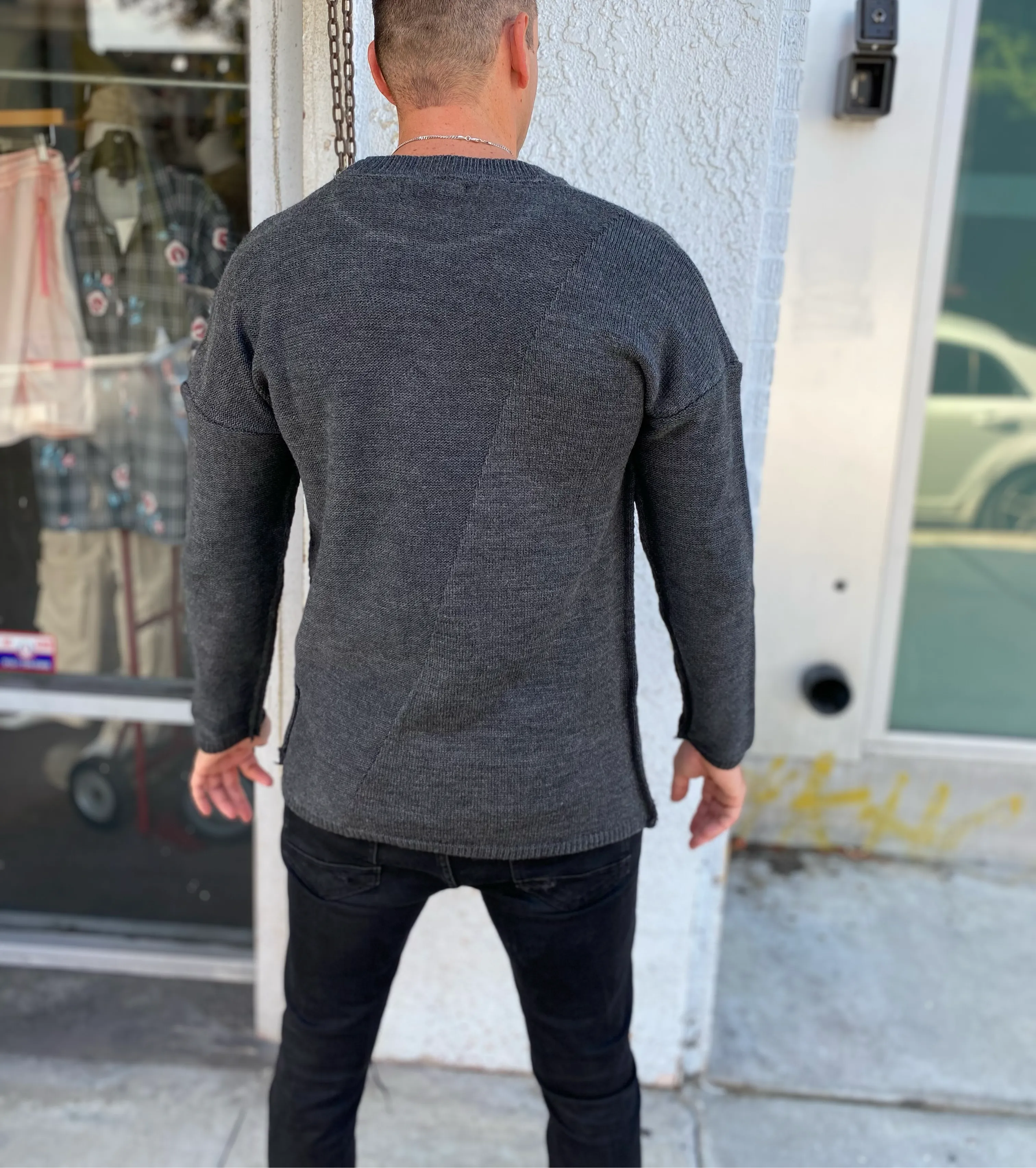 [Adrian] Charcoal Grey Knitted Crew Neck Light Weight Sweater