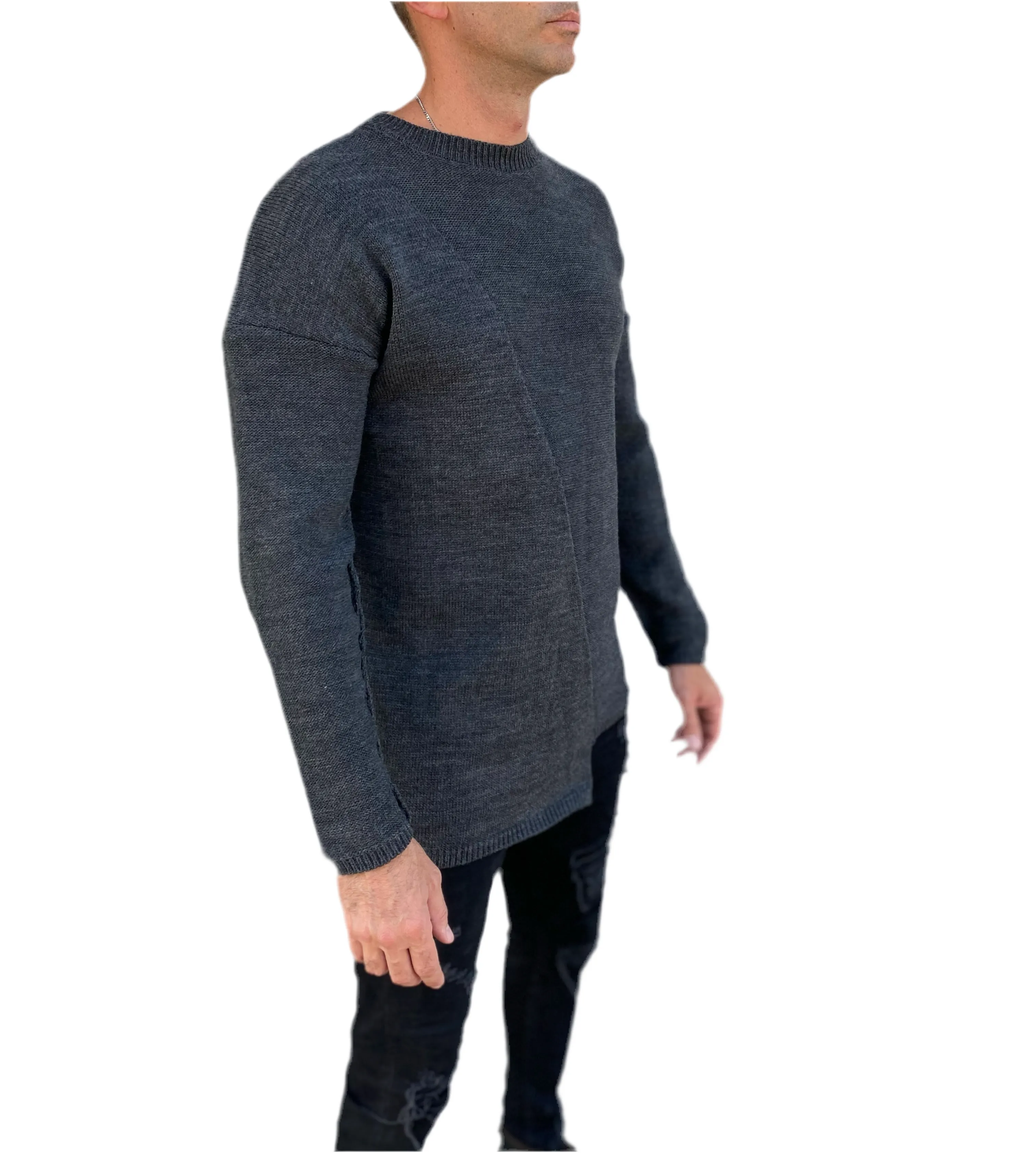 [Adrian] Charcoal Grey Knitted Crew Neck Light Weight Sweater