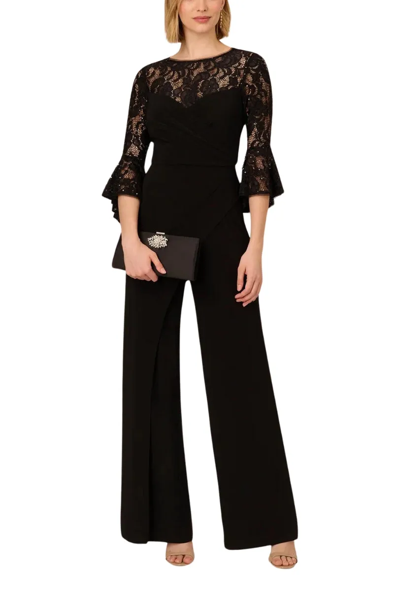 Adrianna Papell Jersey Lace Crew Neck Elbow Sleeve Ruffle Cuff Straight Leg Jumpsuit - Wholesale