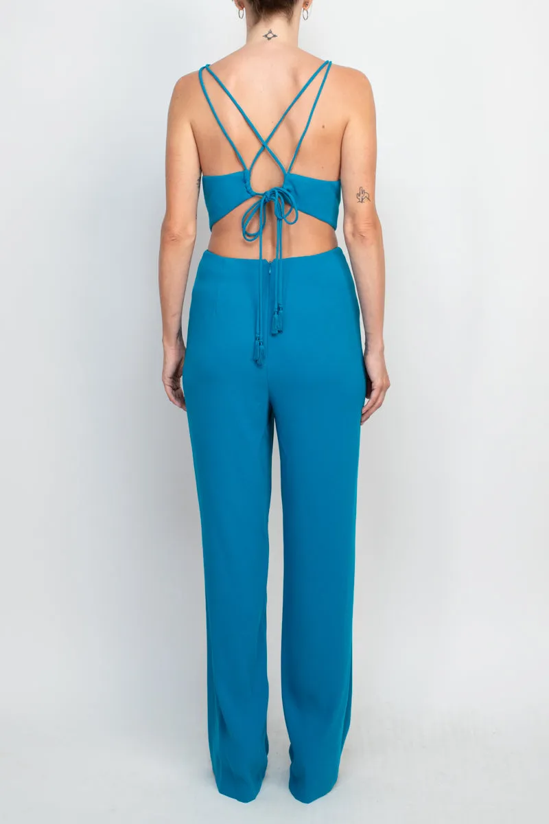 Aidan by Aidan Mattox Spaghetti Strap Cutout Tie Back Solid Crepe Jumpsuit