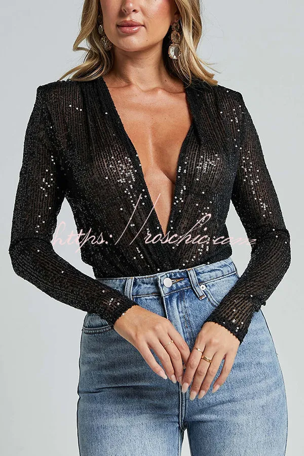 Alora Sequin Wrap Front Plunge Neck Long Sleeve Bodysuit