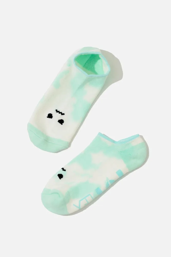 Angry Face Low Rise Socks - Green Tie Dye