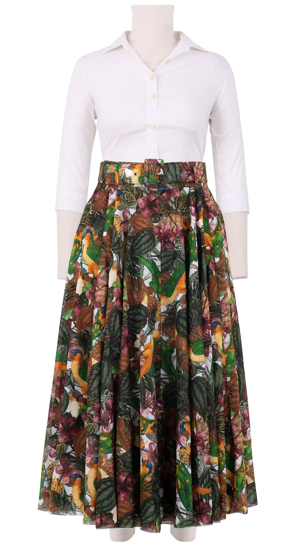 Aster Skirt #1 with Belt Midi Length Cotton Musola (Mocking Bird)