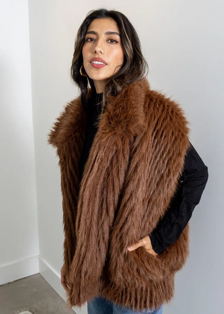 Astrid Bridges Faux Fur Vest- Cognac