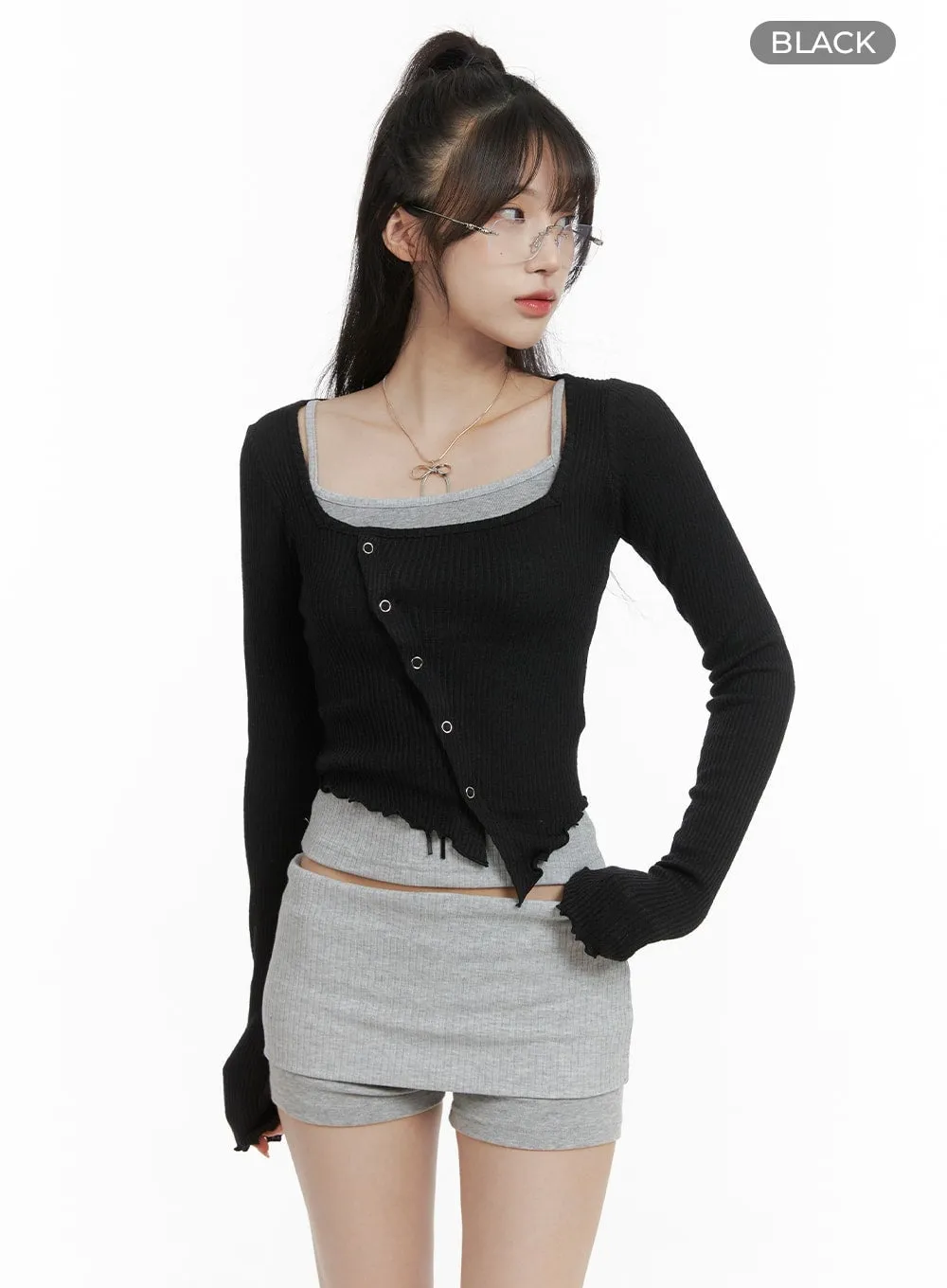 Asymmetrical Neck Solid Button Long Sleeve Top CA402