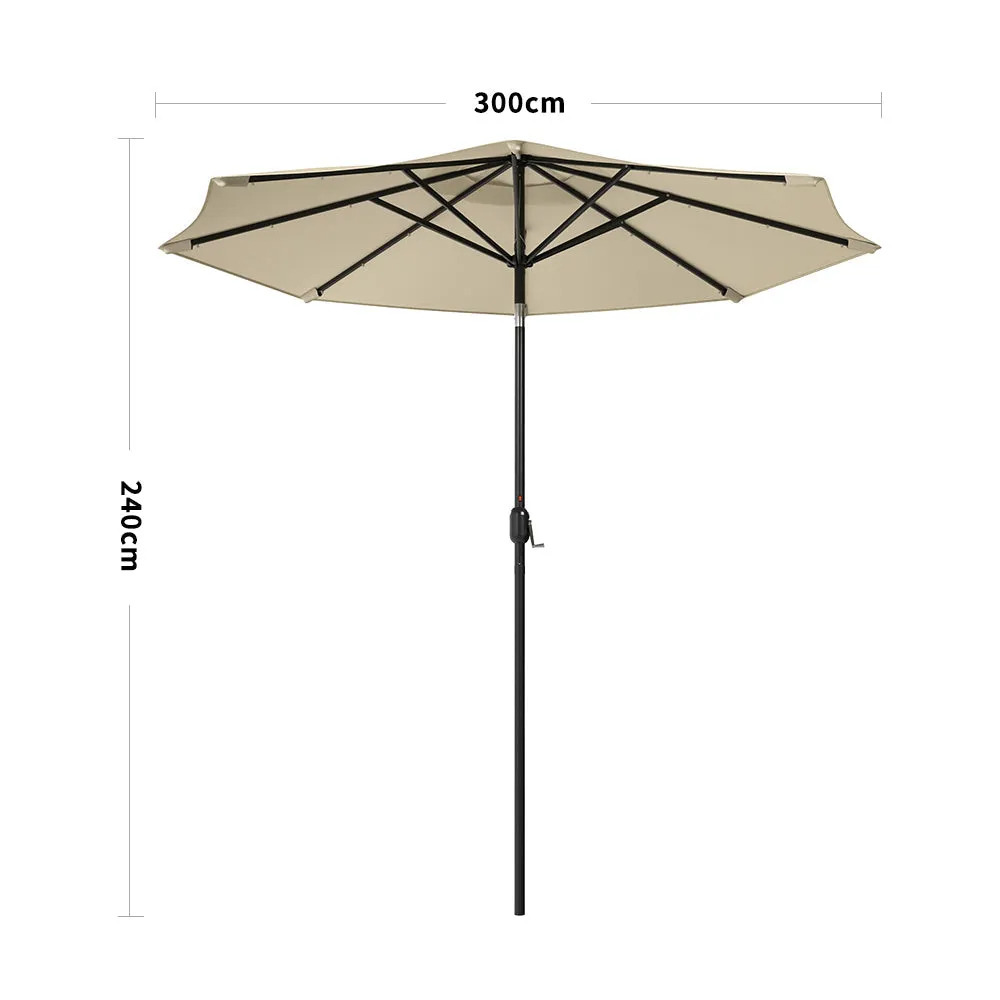 Beige 3m Patio Garden Parasol Sun Umbrella Sunshade Canopy With Solar LED Lights