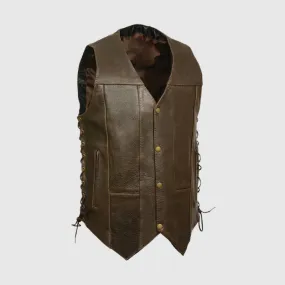 Biker Retro Brown 10 Pocket Side Lace Leather Vest Best Bonus Sale