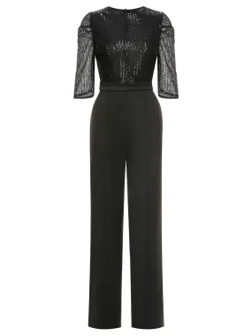 Black 1930s Sequined Patchwork Solid Jumpsuit