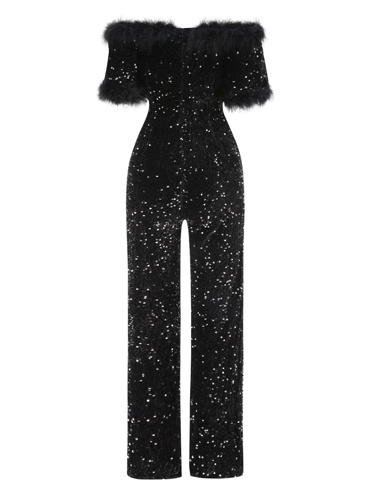 Black 1980s V-Neck Feather Sequined Jumpsuit