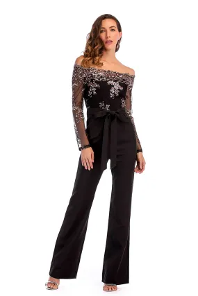 Black Off-the shoulder Sequined Empire Jumpsuit With Belt