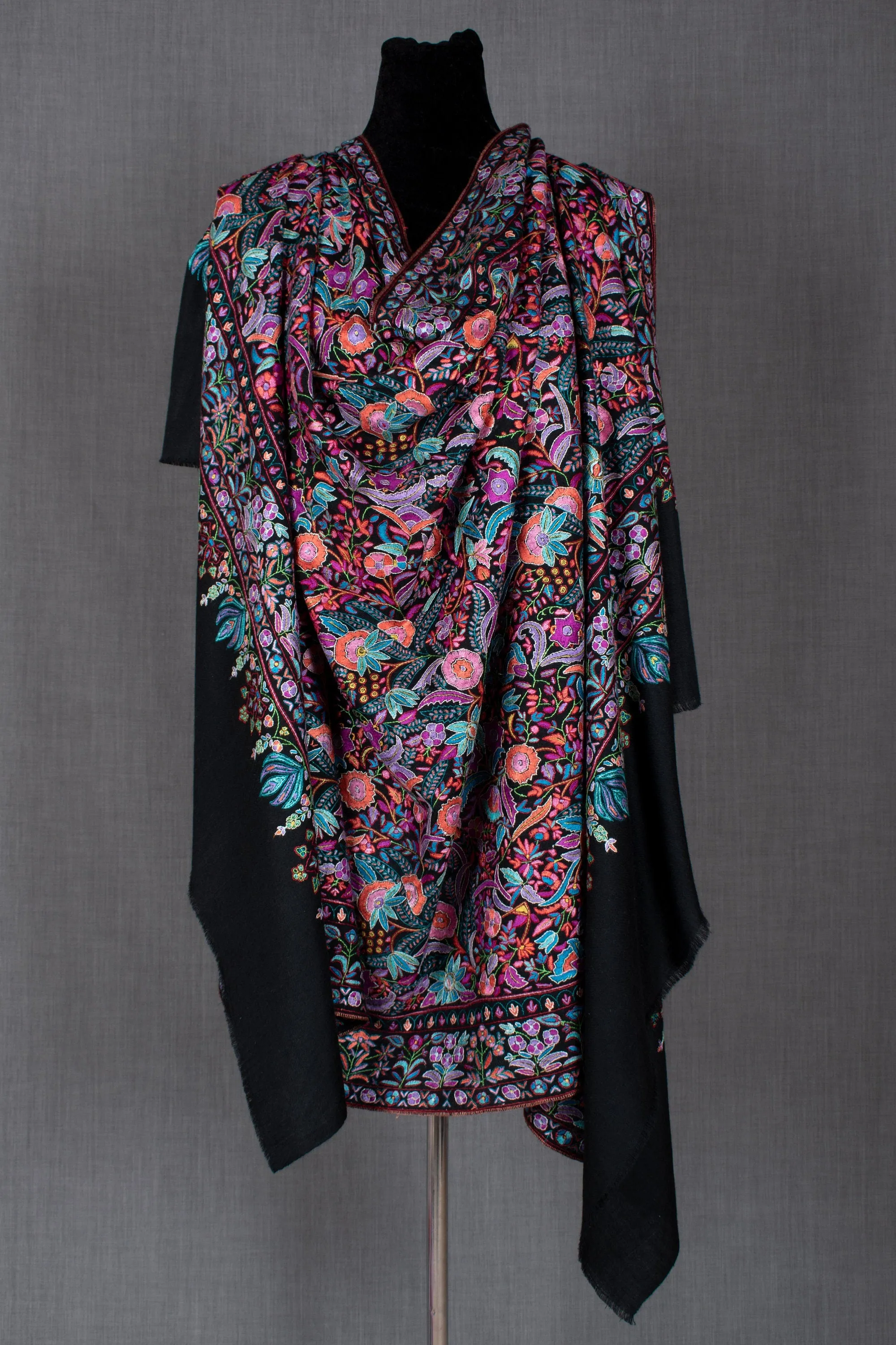 Black Paper Machie Shawl, Pure Pashmina Wrap, Handcrafted in Kashmir, 40x80"