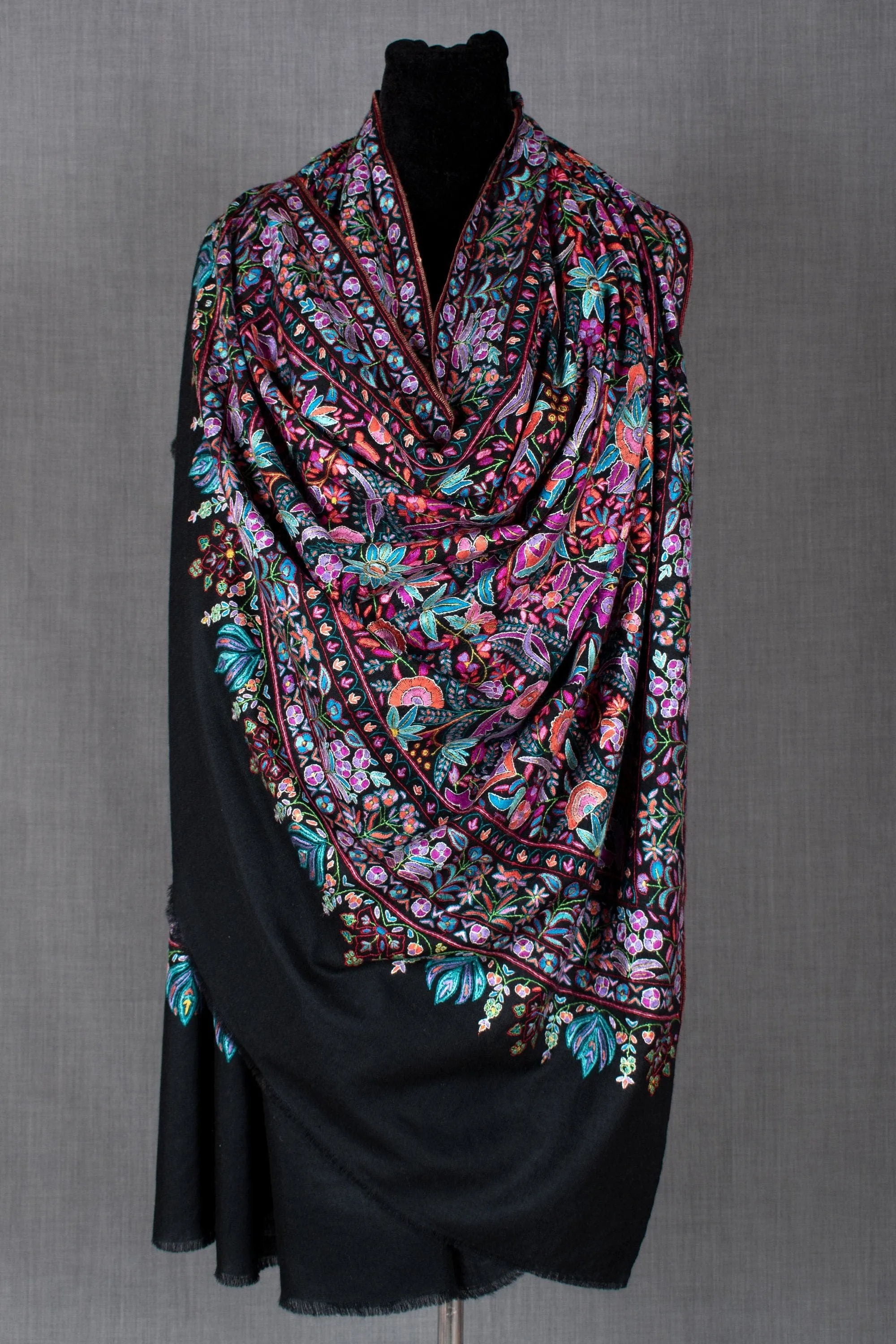 Black Paper Machie Shawl, Pure Pashmina Wrap, Handcrafted in Kashmir, 40x80"