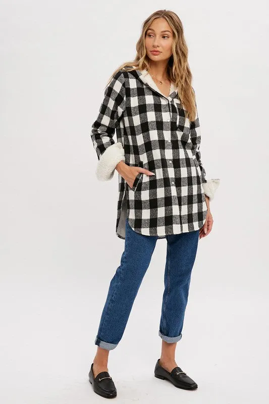 Black  Plaid Sherpa Lined Hoodie Longline Jacket