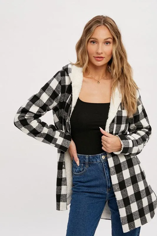 Black  Plaid Sherpa Lined Hoodie Longline Jacket