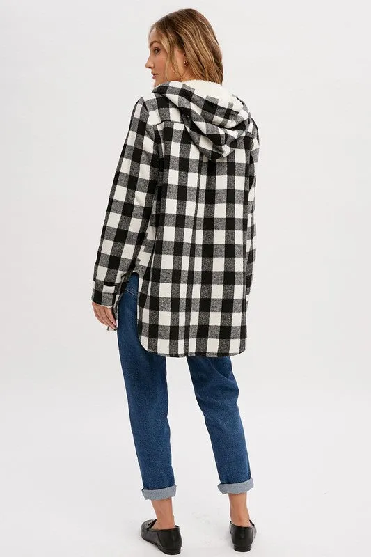 Black  Plaid Sherpa Lined Hoodie Longline Jacket