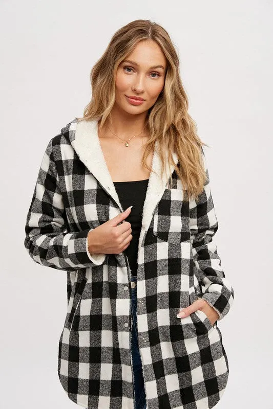 Black  Plaid Sherpa Lined Hoodie Longline Jacket