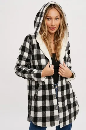 Black  Plaid Sherpa Lined Hoodie Longline Jacket