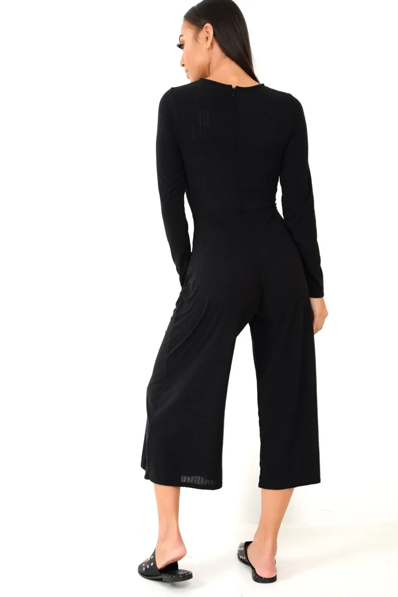 Black Rib Twist Front Culotte Jumpsuit - Elexis