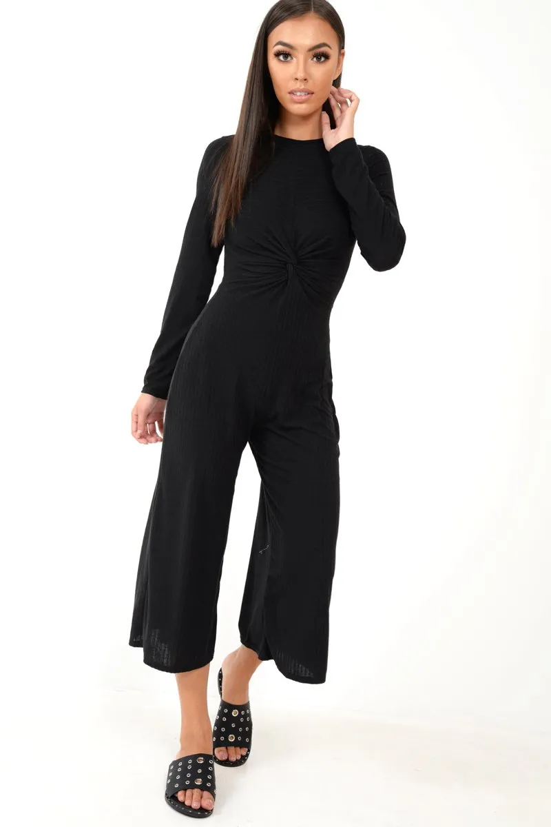 Black Rib Twist Front Culotte Jumpsuit - Elexis