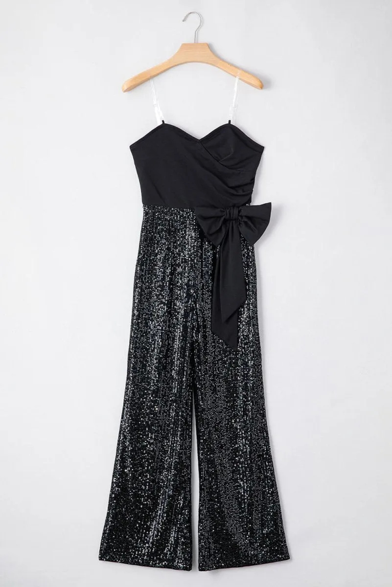 Black Sequined Strapless Wide Leg Jumpsuit