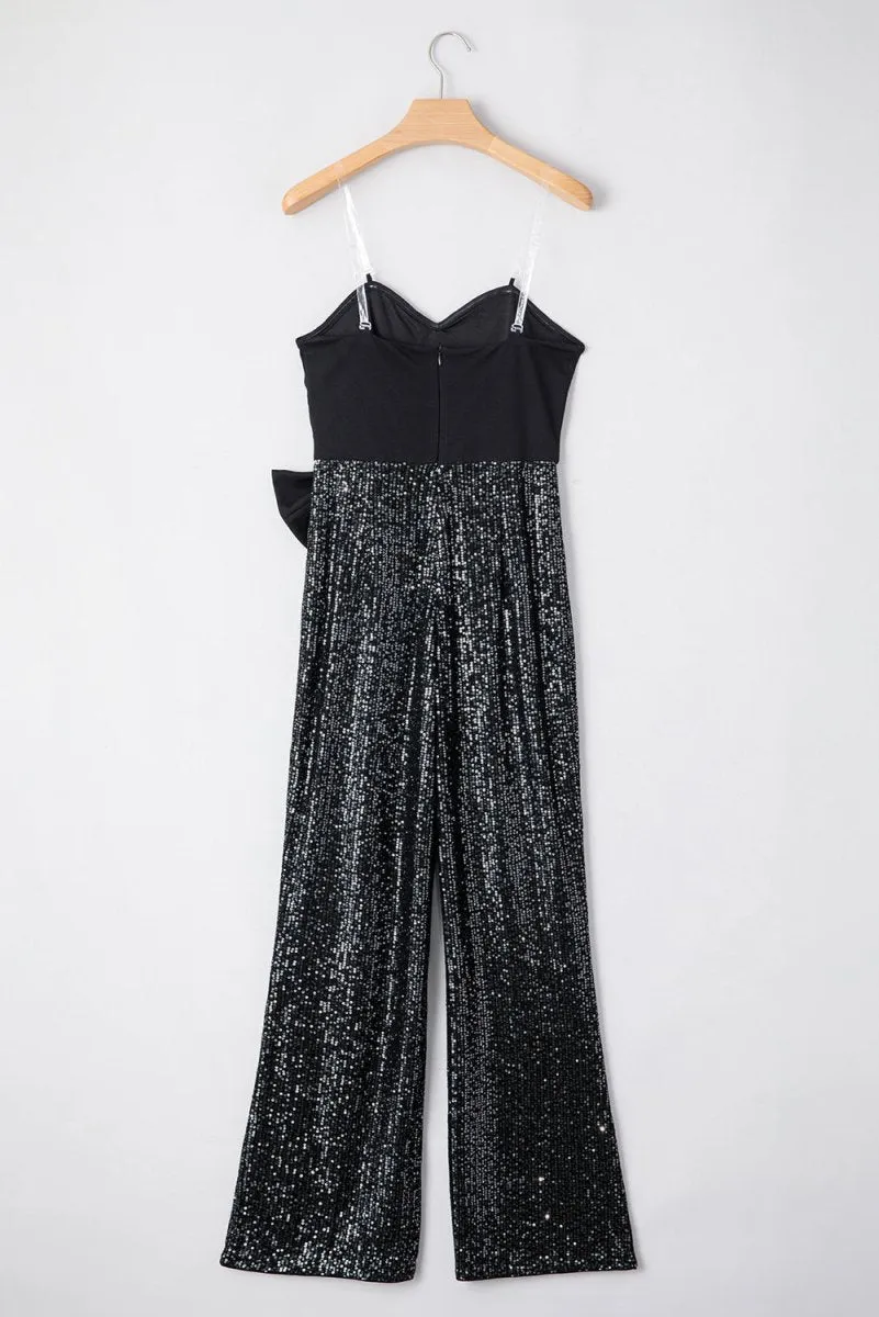 Black Sequined Strapless Wide Leg Jumpsuit