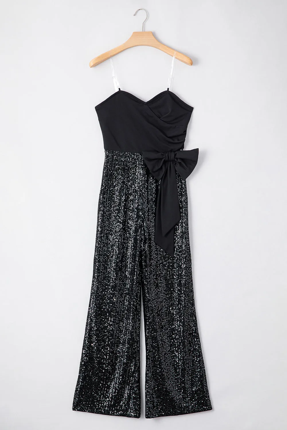 Black Sequined Tube Top Waist Knot Wide Leg Jumpsuit