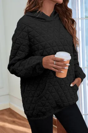 Black Solid Color Quilted Kangaroo Pocket Hoodie