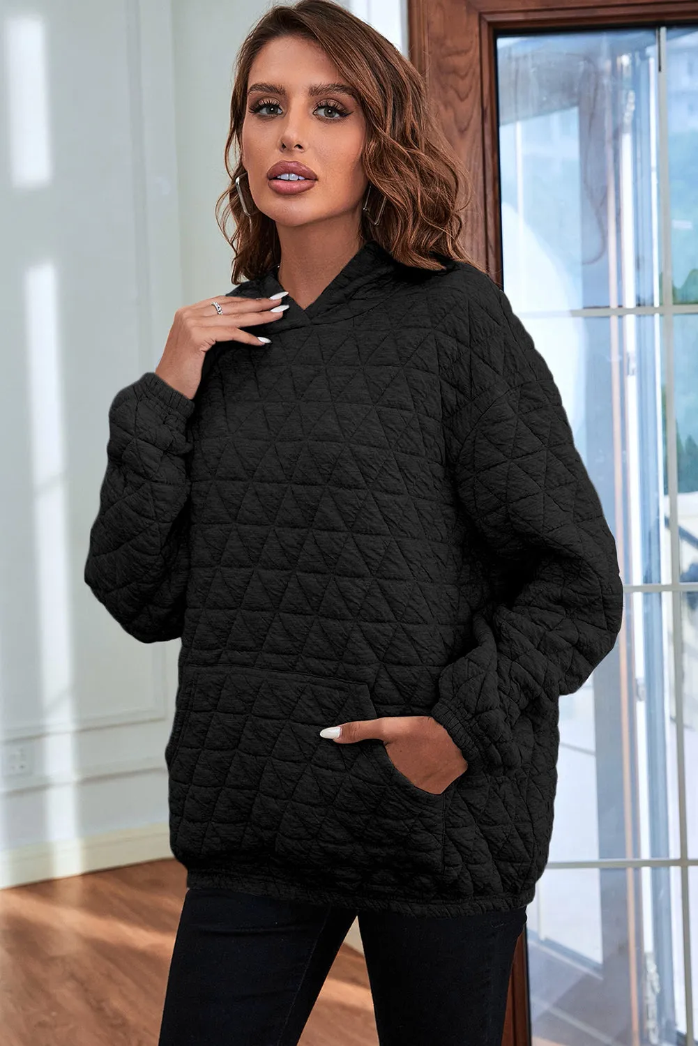 Black Solid Color Quilted Kangaroo Pocket Hoodie