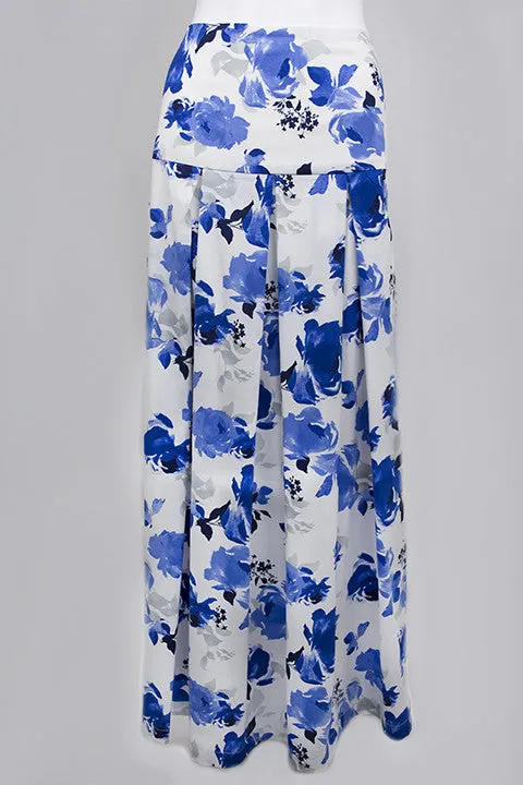 Blue Floral Print Box Pleat Maxi Skirt with Yoke