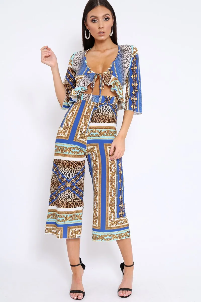 Blue Scarf Print Frill Cut Out Jumpsuit - Nikola