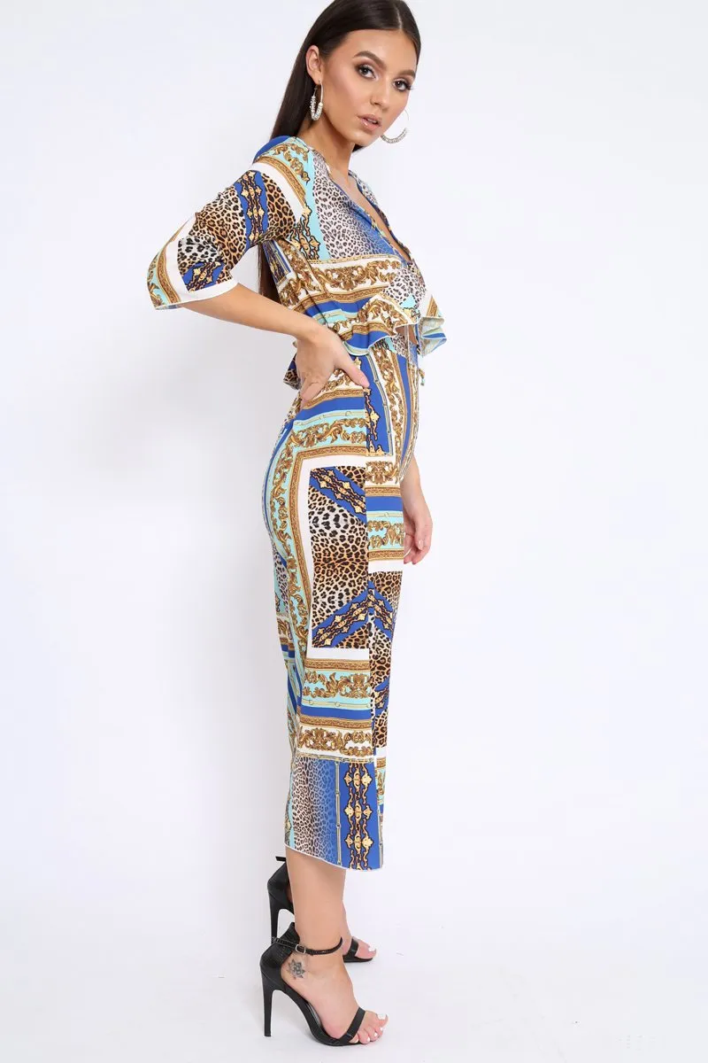 Blue Scarf Print Frill Cut Out Jumpsuit - Nikola