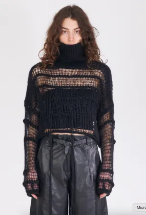 Boxy Turtleneck Mesh Sweater - Black