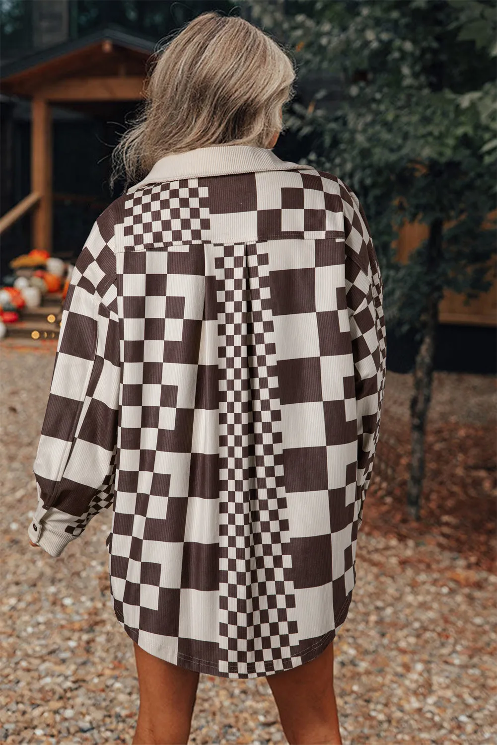 Brown Checkered Corduroy Button Up Shacket